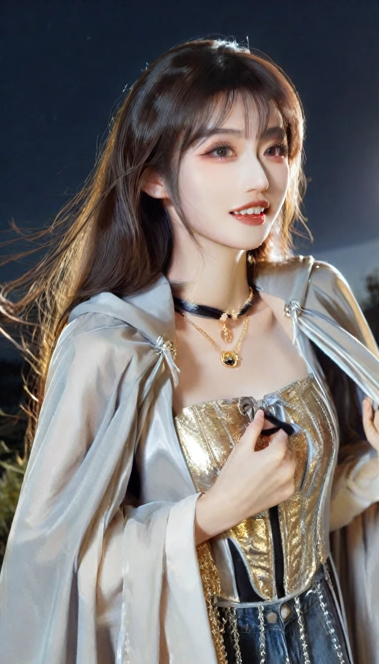 (RAW photo, best quality, masterpiece, ultra-detailed, high res), (realistic),(extremely delicate and beautiful:1), mesmerizing woman with long hair in sleek high ponytail , (((wearing glossy silver and gold lined cloak fastened at the neck :1.20))), crop top and hotpants , moonlit graveyard , detailed features, smiling expression of feelings, imaginative, highly detailed, extremely high-resolution details, photographic, realism pushed to extreme, fine texture, 4k, ultra-detailed, high quality, high contrast, full body shot