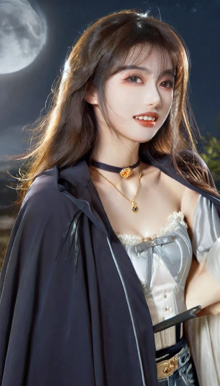 (RAW photo, best quality, masterpiece, ultra-detailed, high res), (realistic),(extremely delicate and beautiful:1), mesmerizing woman with long hair in sleek high ponytail , (((wearing glossy silver and gold lined cloak fastened at the neck :1.20))), crop top and hotpants , moonlit graveyard , detailed features, smiling expression of feelings, imaginative, highly detailed, extremely high-resolution details, photographic, realism pushed to extreme, fine texture, 4k, ultra-detailed, high quality, high contrast, full body shot