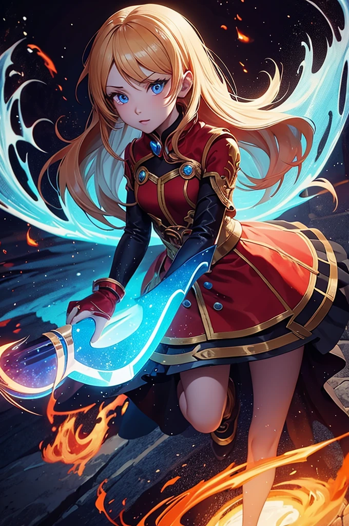 An outstanding painting of a beautiful white girl, flaming, surrounded by flames, dota2 fire girl style, ghost knife style, fire-like hair, long red hair, watery blue big eyes, thin waist, wide hips, mage , magic colors, World of Warcraft style, By Blizzard Entertainment, Ultra HD, 8K, real skin texture, best light, best shadow, Lina from dota2, action, wizarding world, overhead view, small mouth, Small nose, big eyes, cute