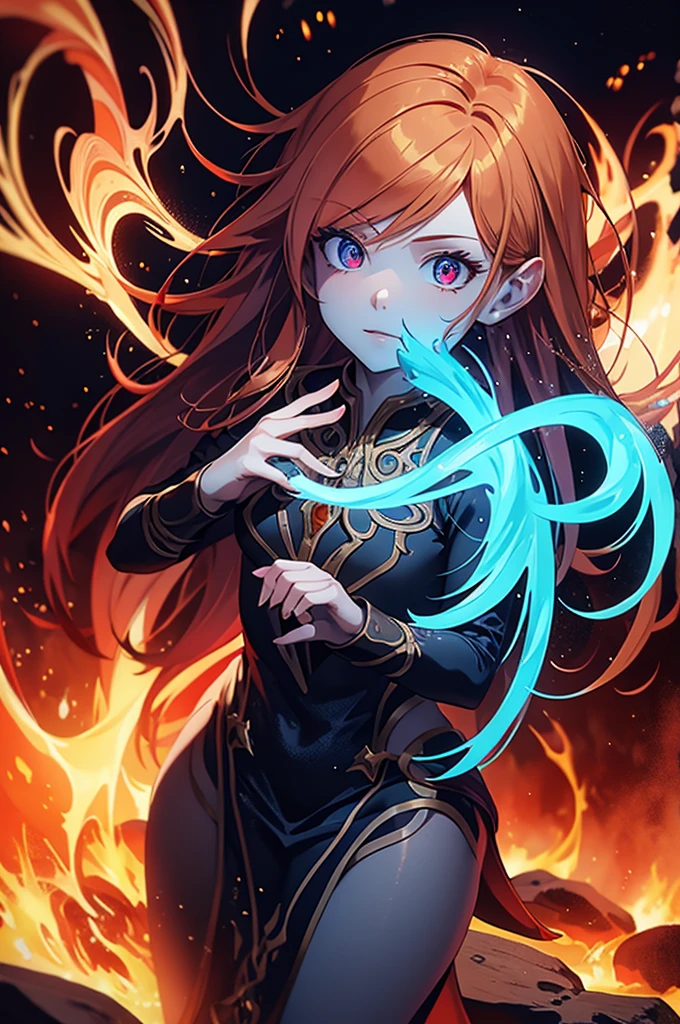 An outstanding painting of a beautiful white girl, flaming, surrounded by flames, dota2 fire girl style, ghost knife style, fire-like hair, long red hair, watery blue big eyes, thin waist, wide hips, mage robes, magic colors, World of Warcraft style, By Blizzard Entertainment, Ultra HD, 8K, real skin texture, best light, best shadow, Lina from dota2, action, wizarding world, overhead view, small mouth, Small nose, big eyes, cute
