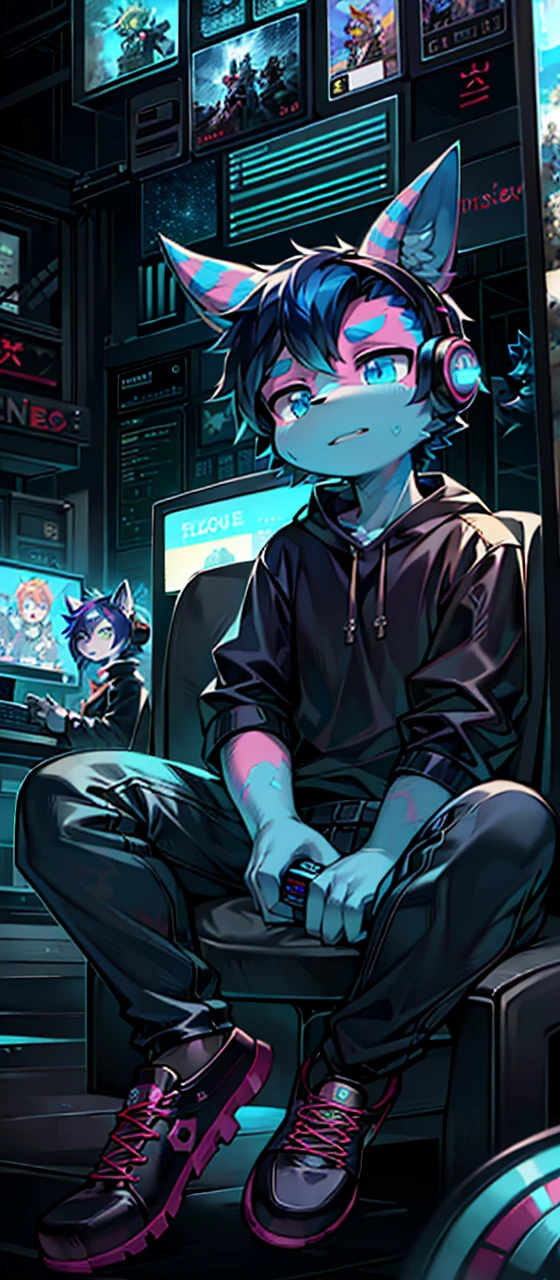 Discord Gang PFP, Modern, Stylized, Vibrant colors, Cartoonish, Grunge texture, Bold font, Gaming theme, Avatar image, Group portrait, Hoodied figures, Sitting or standing, Hand gestures, Meme references, Detailed background, (Anime-inspired: 1.2), Casual clothing, (Headphones on: 1.1), Members with diverse expressions, Overlapping design, Unique character designs, Glowing elements. (High resolution: 1.5), (Social media: 1.0)