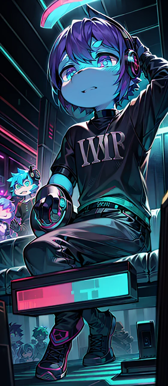 Discord Gang PFP, Modern, Stylized, Vibrant colors, Cartoonish, Grunge texture, Bold font, Gaming theme, Avatar image, Group portrait, Hoodied figures, Sitting or standing, Hand gestures, Meme references, Detailed background, (Anime-inspired: 1.2), Casual clothing, (Headphones on: 1.1), Members with diverse expressions, Overlapping design, Unique character designs, Glowing elements. (High resolution: 1.5), (Social media: 1.0)