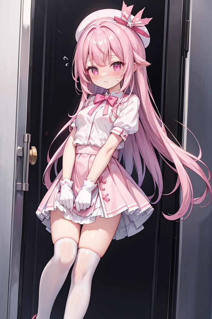 Highest quality、Elevator Girl、A short pink jacket made of shiny silk、White blouse with ribbon、Very short tight skirt、A small round hat with a ribbon、Skinny、White gloves、White over-the-knee socks、Flushed Cheeks、Embarrassed look、Big Breasts、Pull the skirt down with your hands
