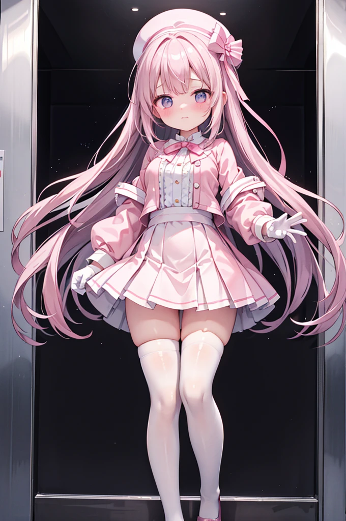 Highest quality、Elevator Girl、A short pink jacket made of shiny silk、White blouse with ribbon、Very short tight skirt、A small round hat with a ribbon、Skinny、White gloves、White over-the-knee socks、Flushed Cheeks、Embarrassed look、Big Breasts、Pull the skirt down with your hands