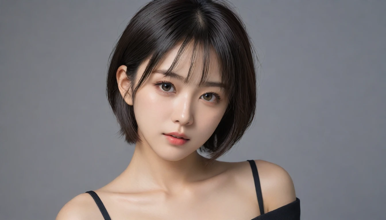 8k, Ultra-high resolution, Highest quality, masterpiece, 三分割法によるphotograph,Surreal, photograph, 1 Girl, (:1.3), pretty girl, Cute Face, Beautiful eyes in every detail, 細かくdetailedに,masterpiece,One Girl:1.2, Japan Female Announcer,upper body,from below,sad,streaming tears,Black short hair,Messy hair,(black suit:1.3),mourning clothes,(印象派の美しい少女のPortraiture), (Gray background:1.3),(Impressionist light and colour),Realistic Skin, Perfect and beautiful face ,完璧でCute Face, Skin with attention to detail, Perfect limbs、Narrow waist,Looking at the audience、beauty,Long neck,clavicle,(((Ideal body type))),A cup small breasts :2,Portraiture:2,Perfect Anatomy,鮮明なdetailed,detailed,Surreal,Light and shadow,underlighting