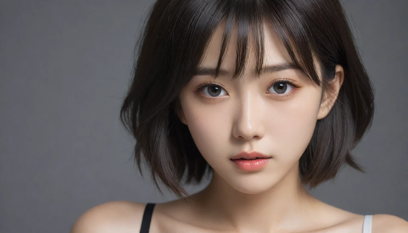 8k, Ultra-high resolution, Highest quality, masterpiece, 三分割法によるphotograph,Surreal, photograph, 1 Girl, (:1.3), pretty girl, Cute Face, Beautiful eyes in every detail, 細かくdetailedに,masterpiece,One Girl:1.2, Japan Female Announcer,upper body,from below,sad,streaming tears,Black short hair,Messy hair,(black suit:1.3),mourning clothes,(印象派の美しい少女のPortraiture), (Gray background:1.3),(Impressionist light and colour),Realistic Skin, Perfect and beautiful face ,完璧でCute Face, Skin with attention to detail, Perfect limbs、Narrow waist,Looking at the audience、beauty,Long neck,clavicle,(((Ideal body type))),A cup small breasts :2,Portraiture:2,Perfect Anatomy,鮮明なdetailed,detailed,Surreal,Light and shadow,underlighting