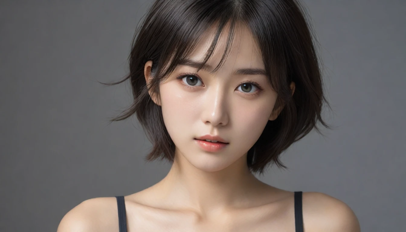 8k, Ultra-high resolution, Highest quality, masterpiece, 三分割法によるphotograph,Surreal, photograph, 1 Girl, (16 years old:1.3), pretty girl, Cute Face, Beautiful eyes in every detail, 細かくdetailedに,masterpiece,One Girl:1.2, Japan Female Announcer,upper body,from below,sad,streaming tears,Black short hair,Messy hair,(black suit:1.3),mourning clothes,(印象派の美しい少女のPortraiture), (Gray background:1.3),(Impressionist light and colour),Realistic Skin, Perfect and beautiful face ,完璧でCute Face, Skin with attention to detail, Perfect limbs、Narrow waist,Looking at the audience、beauty,Long neck,clavicle,(((Ideal body type))),A cup small breasts :2,Portraiture:2,Perfect ???????,鮮明なdetailed,detailed,Surreal,Light and shadow,underlighting
