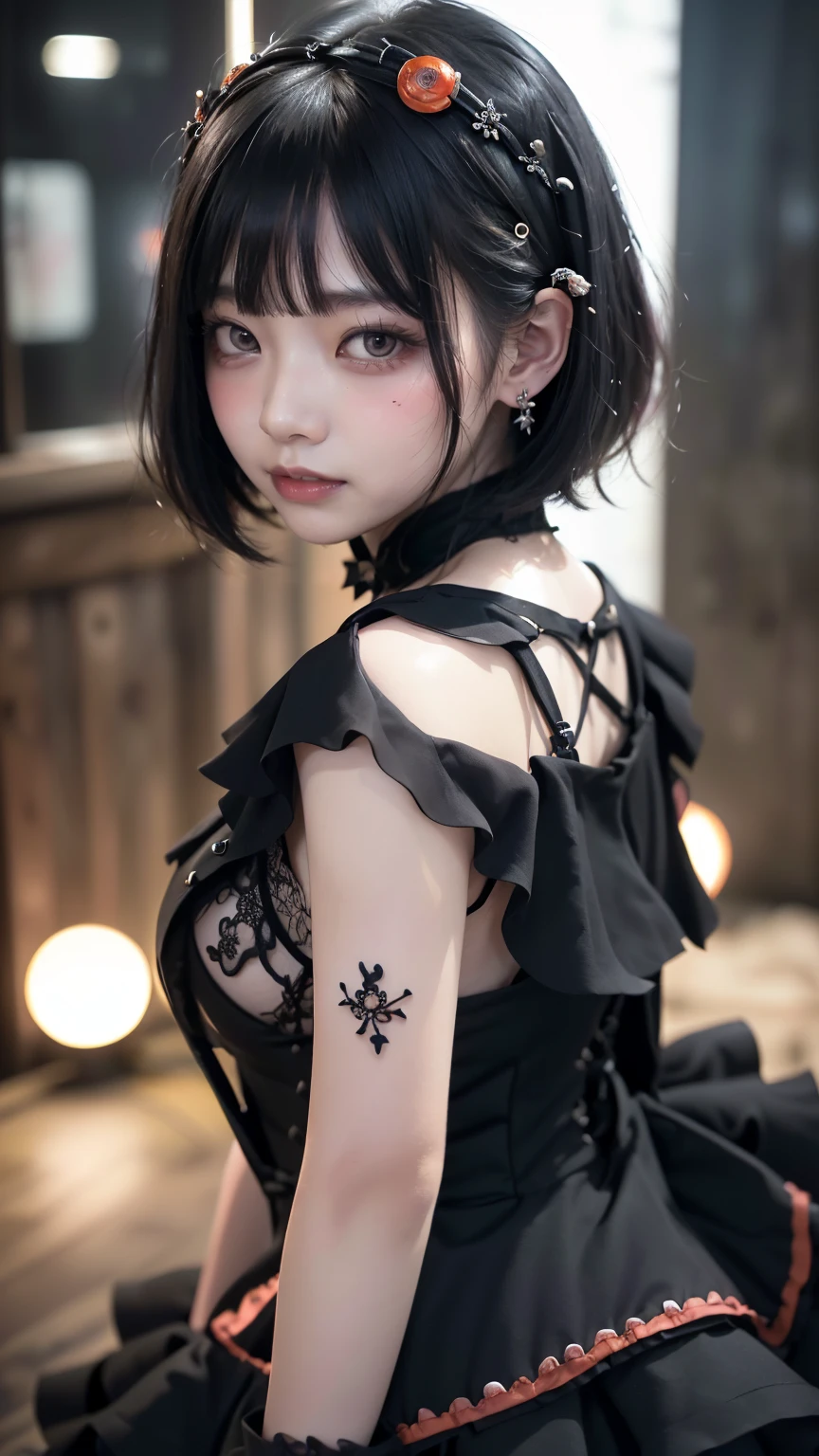 Surreal、A masterpiece of delicate and detailed line drawing、Highest quality、Highest quality、(One Woman、18-year-old、(Big Breasts:1.3), (Big Ass:1.3)、(Black Hair、Hime cut, short hair:1.2)、(Natural Makeup、Eyelash extensions、Draw eyelashes sharply、Eyebrows are thin and short、Deep orange blush:1.1)、(Spaced out、Looks sleepy、Open your mouth、Slightly red cheeks:1.2)、(Simple black hair accessories、Gothic dress with exposed chest:1.3))、Dark Rose Gardens、Purple Rose、(Blur the background:1.3)、(Top view of the subject:1.1)、Photo from thigh up