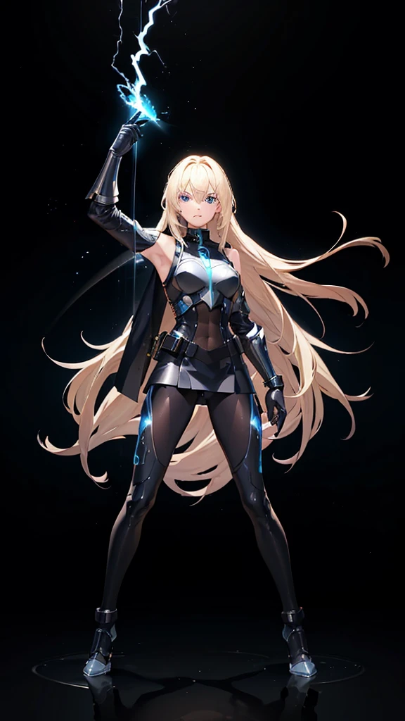 18 years old, blond hair, flowing blond hair, blue eyes, in a full body black armor with leggings, futuristic, masterpiece, high quality, with a lightning energy in hand, shoulders exposed, gloves, ready to fight pose