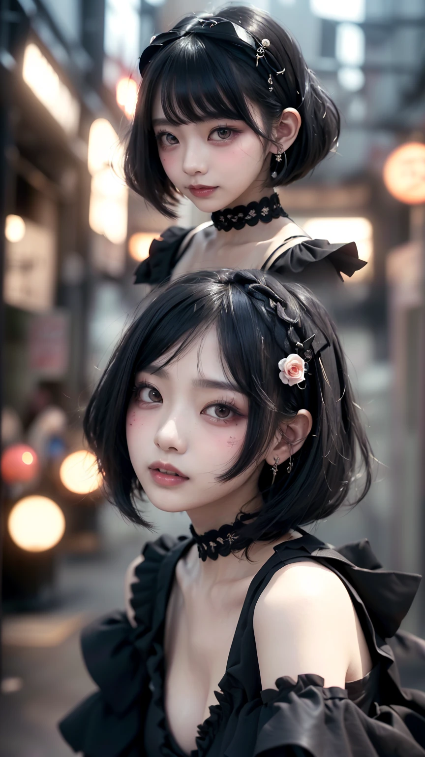 Surreal、A masterpiece of delicate and detailed line drawing、Highest quality、Highest quality、(One Woman、18-year-old、(Big Breasts:1.3), (Big Ass:1.3)、(Black Hair、Hime cut, short hair:1.2)、(Natural Makeup、Eyelash extensions、Draw eyelashes sharply、Eyebrows are thin and short、Deep orange blush:1.1)、(Spaced out、Looks sleepy、Open your mouth、Slightly red cheeks:1.2)、(Simple black hair accessories、Gothic dress with exposed chest:1.3))、Dark Rose Gardens、Purple Rose、(Blur the background:1.3)、(Top view of the subject:1.1)、Photo from thigh up