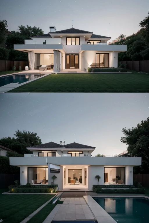a large luxurious and modern elegant single storey villa, with a garden around the house, with swimming pool and two buoys in the pool water and a modern and luxurious porch. with a slide and swing in the garden opposite the pool. The house in white tones, black and silver. lots of artificial light. at night, with the full moon in the starry sky visible. A very modern white BM8 at the garage door at the back of the house and next to it a dining area with a barbecue and a table set up with luxurious and modern crockery under a white pergola.
