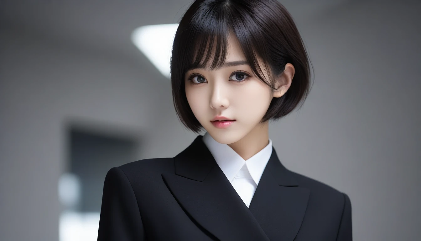 8k, Ultra-high resolution, Highest quality, masterpiece, 三分割法によるphotograph,Surreal, photograph, 1 Girl, (16 years old:1.3), pretty girl, Cute Face, Beautiful eyes in every detail, 細かくdetailedに,masterpiece,One Girl:1.2, Japan Female Announcer,upper body,from below,sad,streaming tears,Black short hair,Messy hair,(black suit:1.3),mourning clothes,(印象派の美しい少女のPortraiture), (Gray background:1.3),(Impressionist light and colour),Realistic Skin, Perfect and beautiful face ,完璧でCute Face, Skin with attention to detail, Perfect limbs、Narrow waist,Looking at the audience、beauty,Long neck,clavicle,(((Ideal body type))),A cup small breasts :2,Portraiture:2,Perfect Anatomy,鮮明なdetailed,detailed,Surreal,Light and shadow,underlighting