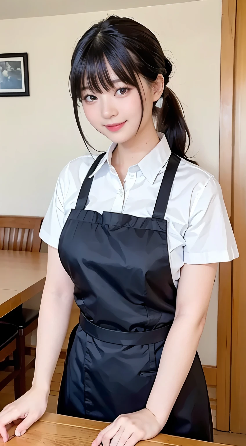 (Highest quality,masterpiece:1.3,Ultra-high resolution,),(Very detailed,Caustics),(Realistic:1.4,RAW shooting,)Ultra-Realistic Capture,Very detailed,High resolution 16k human skin closeup。 Natural skin texture、,pores、、、、It must be detailed enough to be easily identifiable。 Skin tone is even and healthy looking。 Use natural light and colour,restaurant,Waitress Uniform,1 girl,Japanese,18-year-old,cute,Black-haired,ponytail,Big Breasts,smile,Turn your body forward,(Front view:1.1),Looking into the camera,Cowboy Shot,