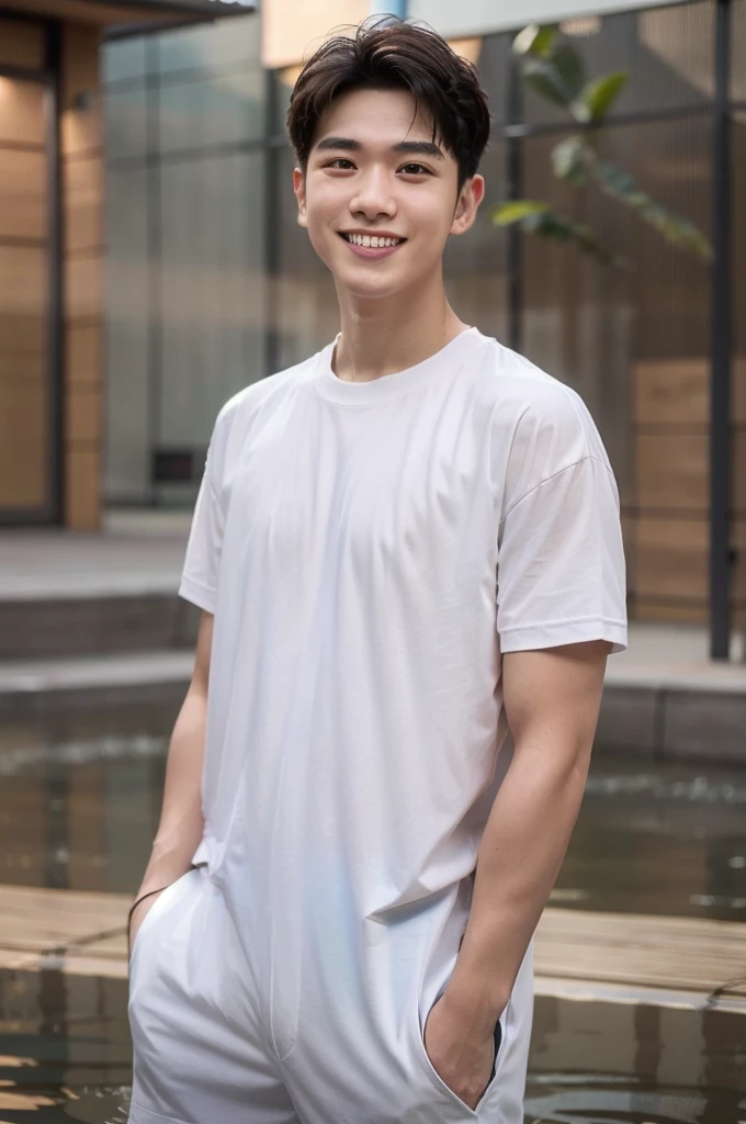 young man 20 years old , (ทรงผมแบบ Crew Cut: 1.3 ), black hair, short hair details, burly handsome man , white t-shirt ,White swimming trunks with large bulges, strong, handsome, outdoor, Take a steam shower., hot spring, Onsen, sweat, look at the audience., depth of field, Bokeh, Detailed background, Detailed light, diffuse natural sunlight, Skin glows naturally., symmetrical eyes, Big smile