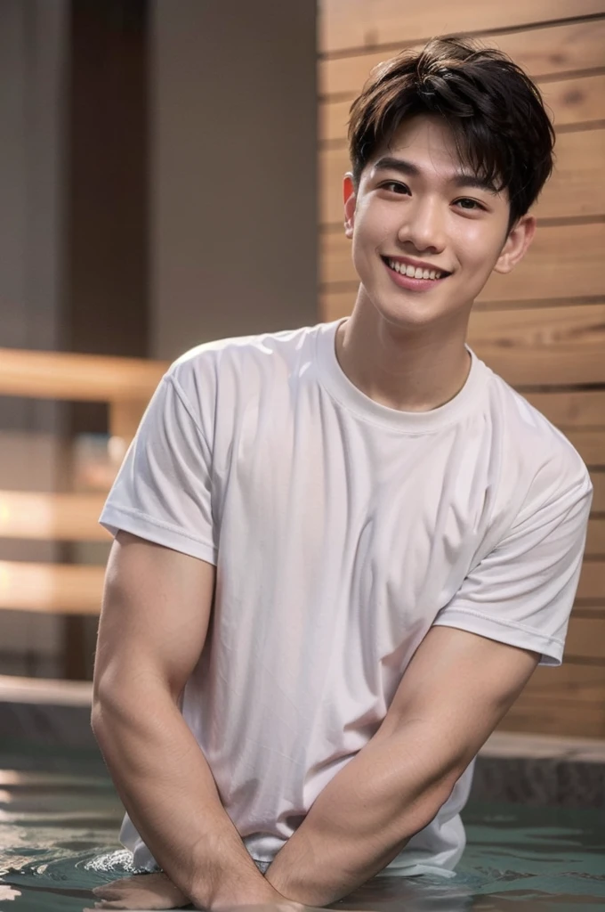 young man 20 years old , (ทรงผมแบบ Crew Cut: 1.3 ), black hair, short hair details, burly handsome man , white t-shirt ,White swimming trunks with large bulges, strong, handsome, outdoor, Take a steam shower., hot spring, Onsen, sweat, look at the audience., depth of field, Bokeh, Detailed background, Detailed light, diffuse natural sunlight, Skin glows naturally., symmetrical eyes, Big smile