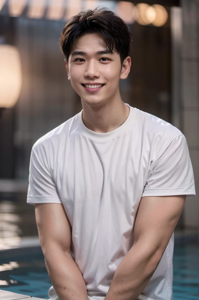 young man 20 years old , (ทรงผมแบบ Crew Cut: 1.3 ), black hair, short hair details, burly handsome man , white t-shirt ,White swimming trunks with large bulges, strong, handsome, outdoor, Take a steam shower., hot spring, Onsen, sweat, look at the audience., depth of field, Bokeh, Detailed background, Detailed light, diffuse natural sunlight, Skin glows naturally., symmetrical eyes, Big smile