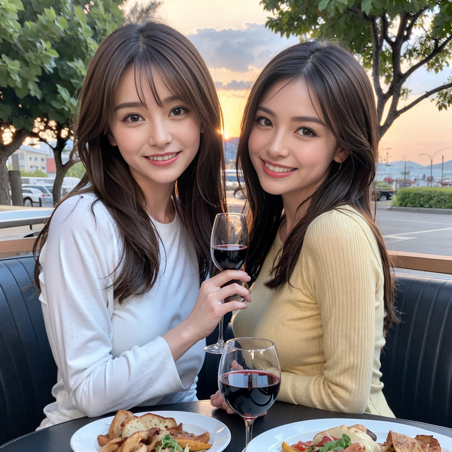 （Realistic:1.1）,(masterpiece,Highest quality)，8k,(44 years old), 42 years old, slimカップル、Model Couple、actress/actor、Tight waist,Upper Body,full-course dinner、wine 、Amazing view of the sunset sky and clouds、Perfect Anatomy, Brown Hair, short hair,Random Hairstyles,((Highly detailed face and eyes:1.2))(cute顔:1.4)，美しいactressの顔，Perfect golden ratio face，Long sleeve shirt、dress,(smile:1.2)、Shortcuts、cute、(Realistic, Intricate details:1.2), A bright smile、short hair,Bright Face、赤wine 、Appetizers、Italian food、wine bottle、Champagne、スパークリングwine、(slimな顔), (The body is slim), (Brown Hair), (Shortcuts),  Upper Body, 白wine, slim, wineグラス, 