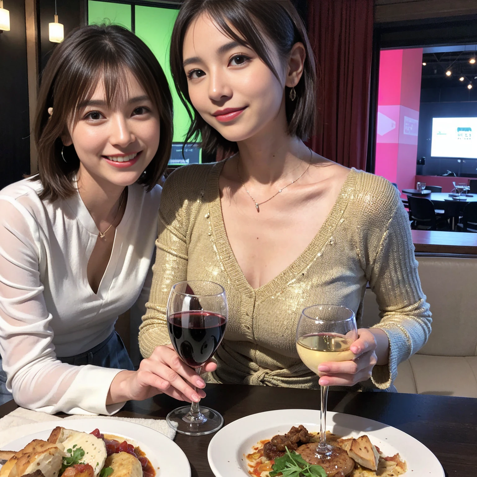 (Realistic:1.1),(masterpiece,Highest quality),8k,(44 years old), 42 years old, slimカップル、Model Couple、actress/actor、Tight waist,Upper Body,full-course dinner、wine 、Amazing view of the sunset sky and clouds、Perfect Anatomy, Brown Hair, short hair,Random Hairstyles,((Highly detailed face and eyes:1.2))(cute顔:1.4),美しいactressの顔,Perfect golden ratio face,Long sleeve shirt、dress,(smile:1.2)、Shortcuts、cute、(Realistic, Intricate details:1.2), A bright smile、short hair,Bright Face、赤wine 、Appetizers、Italian food、wine bottle、Champagne、スパークリングwine、(slimな顔), (The body is slim), (Brown Hair), (Shortcuts), Upper Body, 白wine, slim, wineグラス,