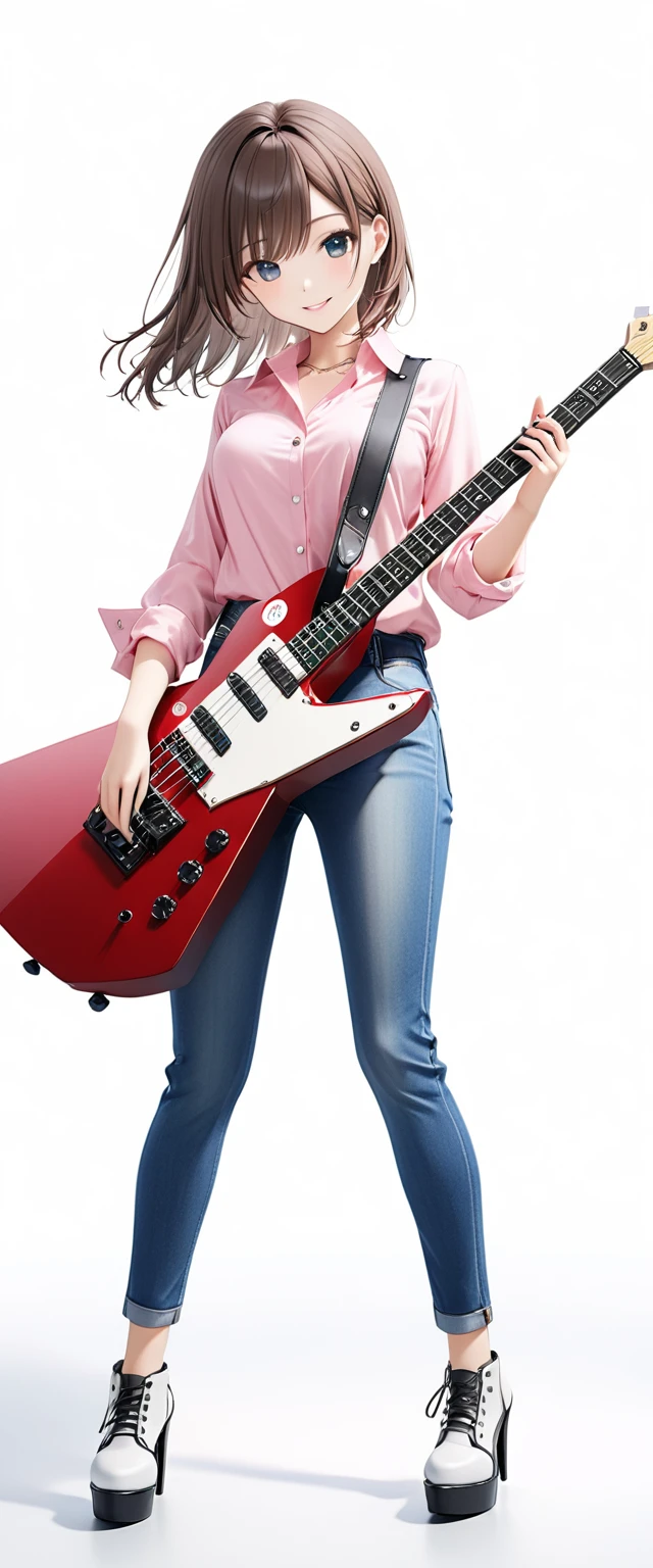 (((White background:1.5)))、(very wide shot)、(full body:1.2))),(masterpiece、Ultra HD、Highest quality、Masterpiece、４K:1.2)、Slender body、Scandinavian metal girl playing a white electric guitar, A gentle gaze at the camera, Intricate details, Highly detailed eyes, Highly detailed fingers、Brown bob hair、Pink shirt and blue jeans, Wearing high heels、Intricate details、A kind smile、Dynamic playing pose、Are standing
