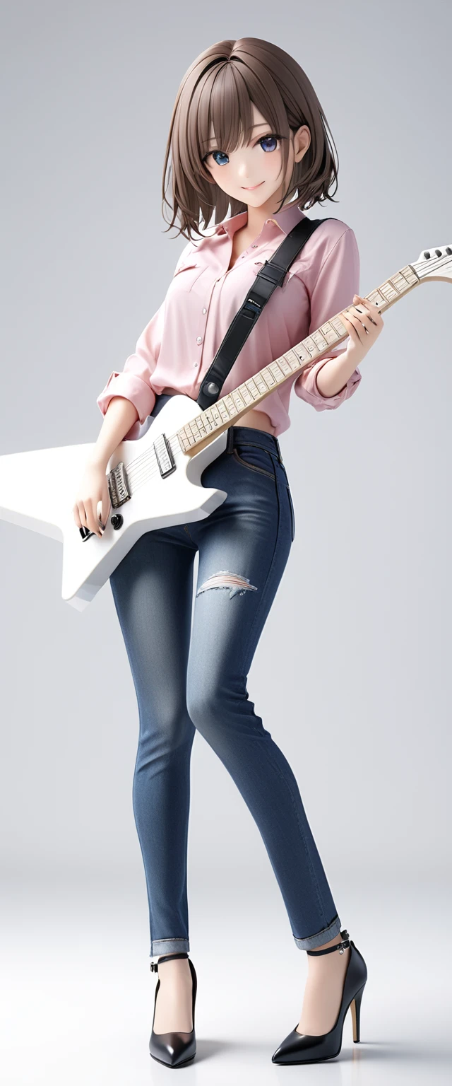 (((White background:1.5)))、(very wide shot)、(full body:1.2))),(masterpiece、Ultra HD、Highest quality、Masterpiece、4K:1.2)、Slender body、Scandinavian metal girl playing a white electric guitar, A gentle gaze at the camera, Intricate details, Highly detailed eyes, Highly detailed fingers、Brown bob hair、Pink shirt and blue jeans, Wearing high heels、Intricate details、A kind smile、Dynamic playing pose、Are standing