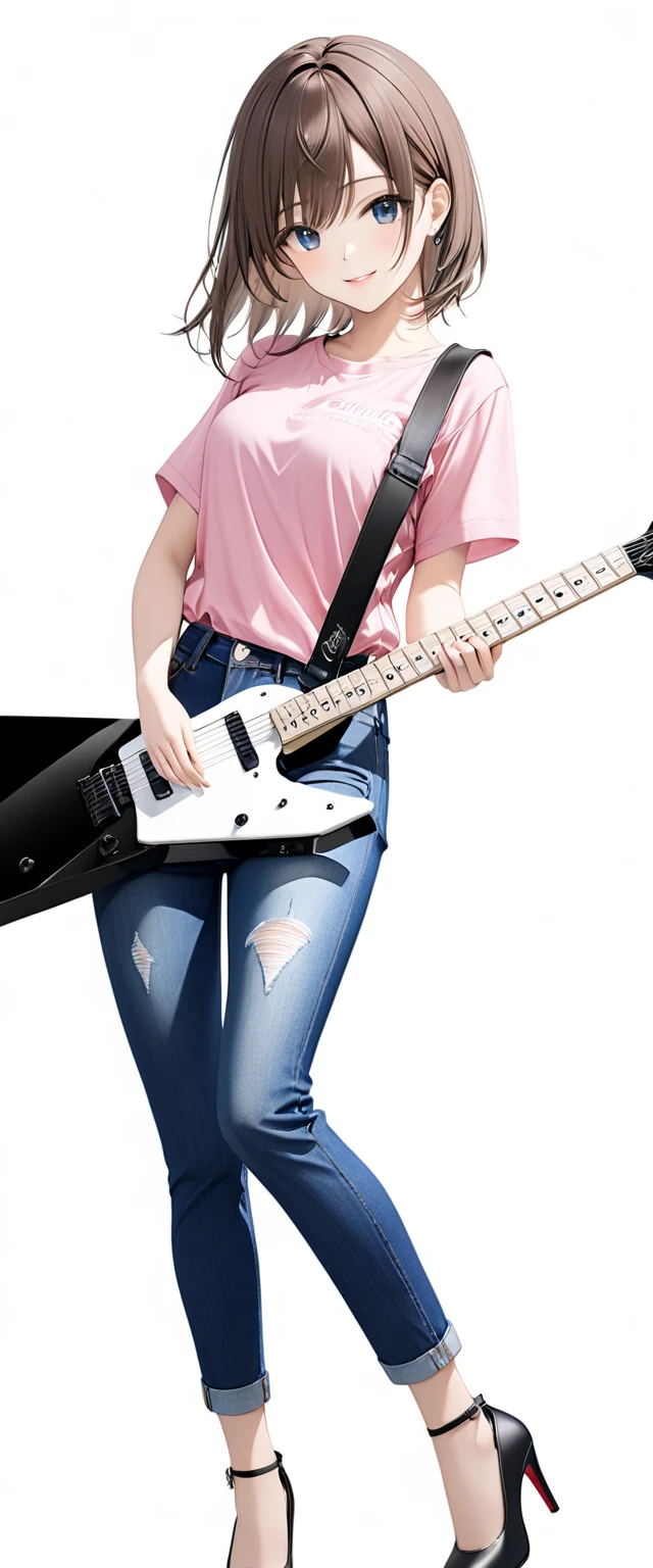 (((White background:1.5)))、(very wide shot)、(full body:1.2))),(masterpiece、Ultra HD、Highest quality、Masterpiece、４K:1.2)、Slender body、Scandinavian metal girl playing a white electric guitar, A gentle gaze at the camera, Intricate details, Highly detailed eyes, Highly detailed fingers、Brown bob hair、Pink shirt and blue jeans, Wearing high heels、Intricate details、A kind smile、Dynamic playing pose、Are standing
