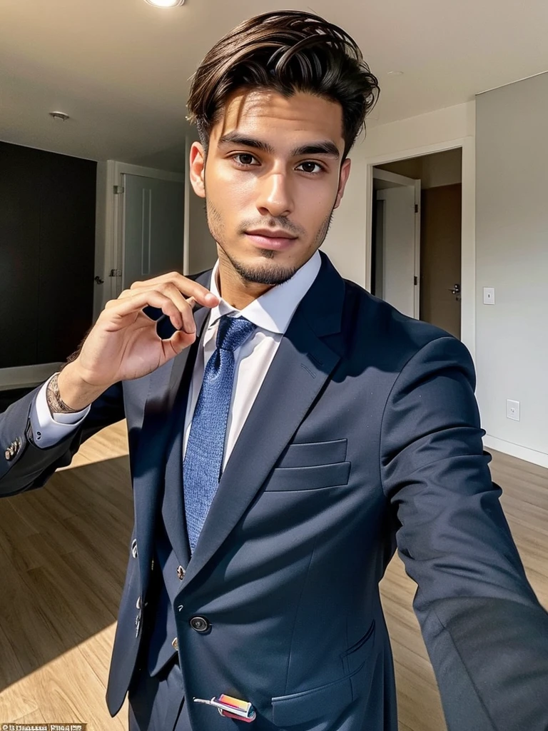22-year-old Brazilian man in a suit with his hand in his pocket, short hair without beard with a ring on the right finger, no quarto selfie 🤳🏽 realista, and great quality  