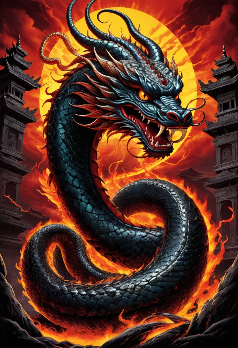 t-shirt design, Design a menacing picture with 7-headed Naga (king serpent from the Hindu faith), The artwork features a sleek, coiled sinuously, its scales glistening in the dim light., revealing rows of razor-sharp teeth dripping with blood, exuding a sense of raw, primal aggression, bright sky and big sun and fire in background, heavy wind, storm, flame, enhancing the ominous atmosphere of the design. eyes gleam with a malevolent glint, capturing the essence of danger and violence. The overall style is bold and intense, embodying the dark and edgy spirit of heavy metal music.