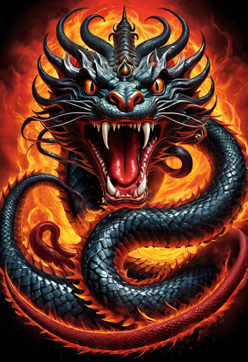t-shirt design, Design a menacing picture with 7-headed Naga (king serpent from the Hindu faith), The artwork features a sleek, coiled sinuously, its scales glistening in the dim light., revealing rows of razor-sharp teeth dripping with blood, exuding a sense of raw, primal aggression, bright sky and big sun and fire in background, heavy wind, storm, flame, enhancing the ominous atmosphere of the design. eyes gleam with a malevolent glint, capturing the essence of danger and violence. The overall style is bold and intense, embodying the dark and edgy spirit of heavy metal music.