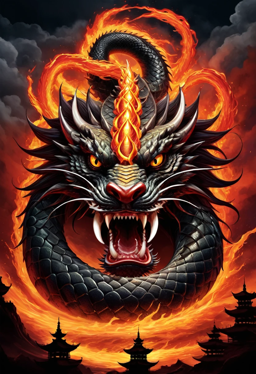 t-shirt design, Design a menacing picture with 7-headed Naga (king serpent from the Hindu faith), The artwork features a sleek, coiled sinuously, its scales glistening in the dim light., revealing rows of razor-sharp teeth dripping with blood, exuding a sense of raw, primal aggression, bright sky and big sun and fire in background, heavy wind, storm, flame, enhancing the ominous atmosphere of the design. eyes gleam with a malevolent glint, capturing the essence of danger and violence. The overall style is bold and intense, embodying the dark and edgy spirit of heavy metal music.