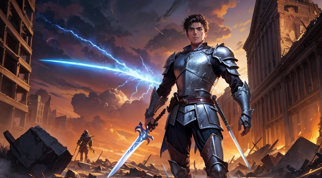 A valiant 18-year-old boy named David, clad in medieval armor, charges towards a colossal foe wielding a gleaming, ancient sword. The battlefield, a mix of moonlit shadows and fiery sparks, echoes with the clash of steel and the roar of the titan. David, with determination etched on his face, delivers a decisive strike, causing the giant to crumble, signifying his triumph. The victorious David stands tall amidst the rubble, his sword raised high, basking in the soft glow of the moonlight.