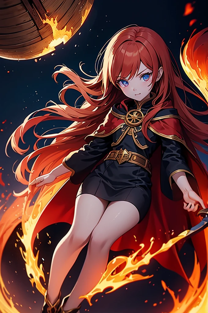 An outstanding painting of a beautiful white girl, flaming, surrounded by flames, dota2 fire girl style, ghost knife style, fire-like hair, long red hair, watery blue big eyes, thin waist, wide hips, mage robes, magic colors, World of Warcraft style, By Blizzard Entertainment, Ultra HD, 8K, real skin texture, best light, best shadow, Lina from dota2, action, wizarding world, overhead view, small mouth, Small nose, big eyes, cute