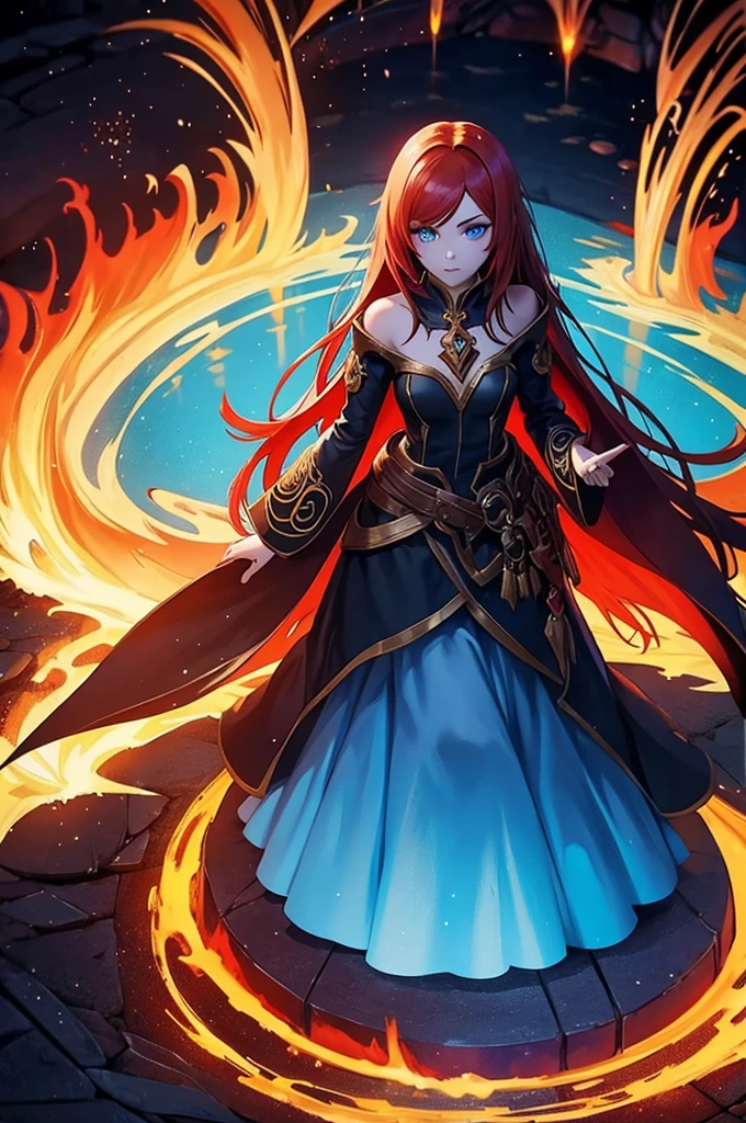 An outstanding painting of a beautiful white girl, flaming, surrounded by flames, dota2 fire girl style, ghost knife style, fire-like hair, long red hair, watery blue big eyes, thin waist, wide hips, mage robes, magic colors, World of Warcraft style, By Blizzard Entertainment, Ultra HD, 8K, real skin texture, best light, best shadow, Lina from dota2, action, wizarding world, overhead view, small mouth, Small nose, big eyes, cute