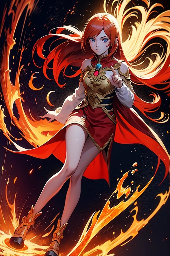 An outstanding painting of a beautiful white girl, flaming, surrounded by flames, dota2 fire girl style, ghost knife style, fire-like hair, long red hair, watery blue big eyes, thin waist, wide hips, mage robes, magic colors, World of Warcraft style, By Blizzard Entertainment, Ultra HD, 8K, real skin texture, best light, best shadow, Lina from dota2, action, wizarding world, overhead view, small mouth, Small nose, big eyes, cute