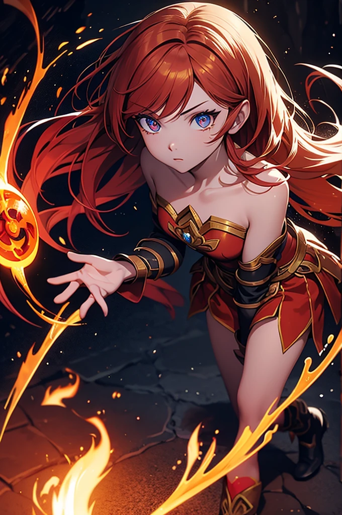 An outstanding painting of a beautiful white girl, flaming, surrounded by flames, dota2 fire girl style, ghost knife style, fire-like hair, long red hair, watery blue big eyes, thin waist, wide hips, mage robes, magic colors, World of Warcraft style, By Blizzard Entertainment, Ultra HD, 8K, real skin texture, best light, best shadow, Lina from dota2, action, wizarding world, overhead view, small mouth, Small nose, big eyes, cute