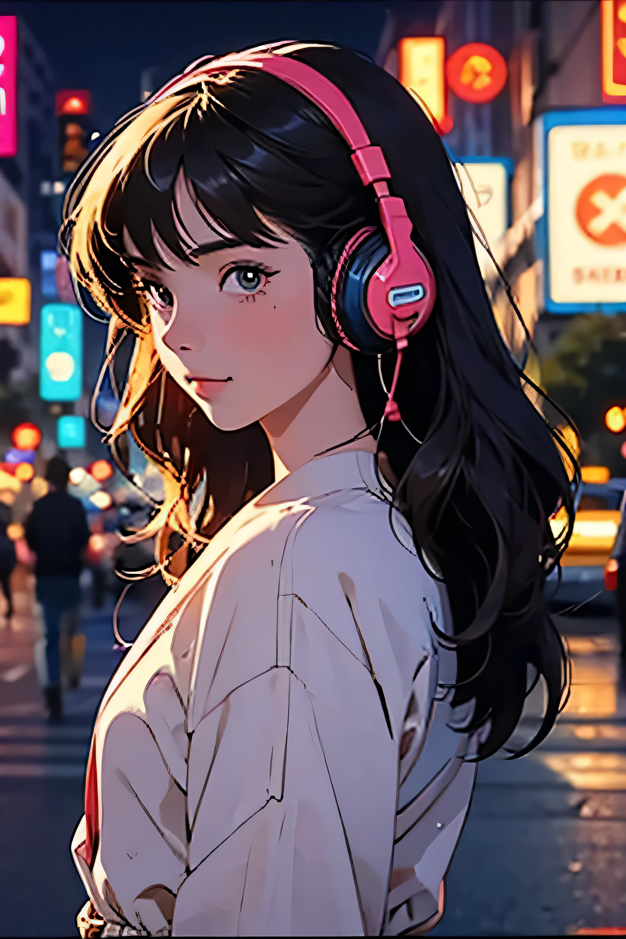 Very cute girl wearing headphones in the city on a summer evening