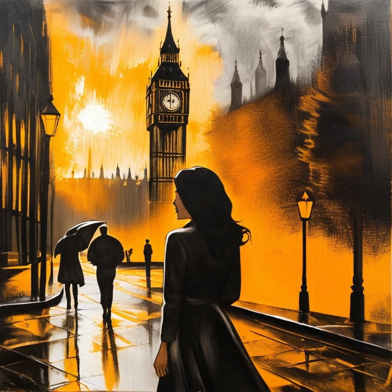 black pencil shading, charcoal drawing, tinted paper, pencil drawing, brutal dark b/w color scheme, 
This conceptual oil painting captures a radiant woman's smile brimming with joy and warmth, her face illuminated by the glow of a sunlit park. The background features the iconic silhouette of Big Ben, hinting at London's bustling streets. The composition is rendered on silked cardboard using a palette knife, with bold strokes and textured brushwork creating depth and dimension. Vivid colors pop against the rain-soaked ground below, inviting viewers to share in the woman's moment of delight as she strolls through the urban landscape, offering a fleeting yet timeless glimpse of beauty., conceptual art, painting