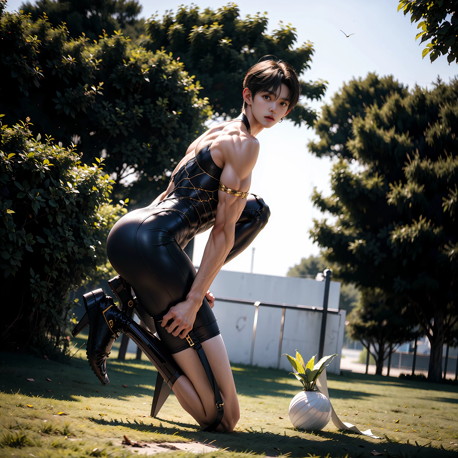 masterpiece,best quality, (An 18-year-old boy with extraordinary development:1.2), (Tall and fit body:1.2),Strong and large limbs,(Kneeling upright on the campus grass),Look up at the characters,Front view,Stay away from the camera,White tight cycling suit,(Broad and straight shoulders),Muscular shoulders,(Extremely strong body),Muscular body,Fitness,Perfect body proportions,Inverted triangle figure,Biceps,Highlight muscle texture, Muscular body,Slender and toned legs,Small head,Handsome and cute face,Perfectly detailed facial features,Looking at the camera,A serious and angry expressiotomically correct,leaning back,head tilt, happy, very short hair, brown hair,(looking at viewer:1.2),full body,Vision