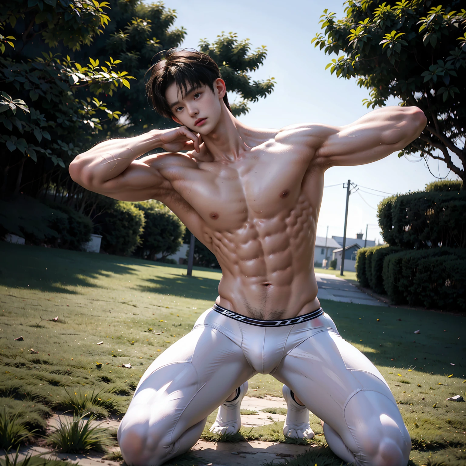 masterpiece,best quality, (An 18-year-old boy with extraordinary development:1.2), （Tall and fit body：1.2），Strong and large limbs，(Kneeling upright on the campus grass),Look up at the characters，Front view，Stay away from the camera，White tight cycling suit,（Broad and straight shoulders）,Muscular shoulders，（Extremely strong body），Muscular body，Fitness，Perfect body proportions，Inverted triangle figure，Biceps，Highlight muscle texture， Muscular body，Slender and toned legs，Small head，Handsome and cute face，Perfectly detailed facial features,Looking at the camera，A serious and angry expressiotomically correct，leaning back,head tilt, happy, very short hair, brown hair,(looking at viewer:1.2)，full body，Vision