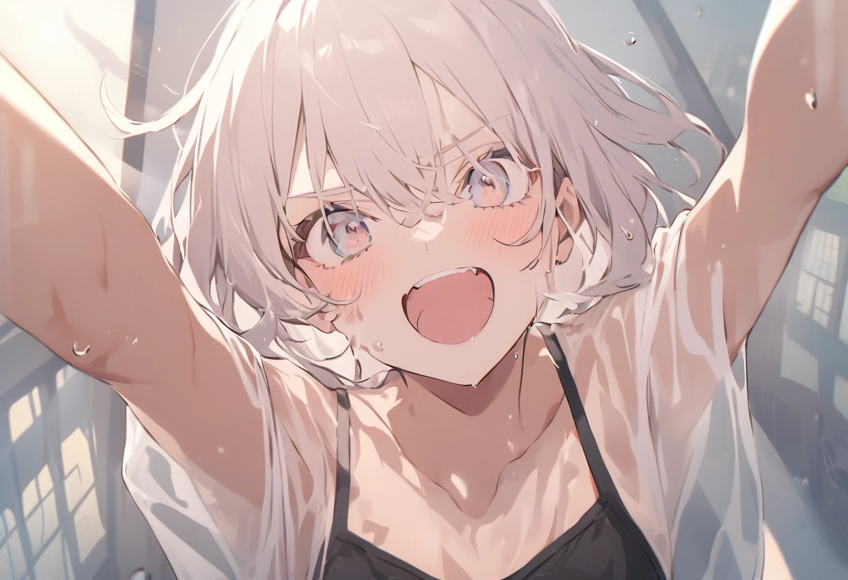 (masterpiece, best quality:1.5), (ultra detailed, high resolution, 8k, beautiful detailed, UHD, best anatomy), white hair, small breasts, 1girl, closed eyes, Tears roll down my cheeks, high , dull background, standing, half length, front view