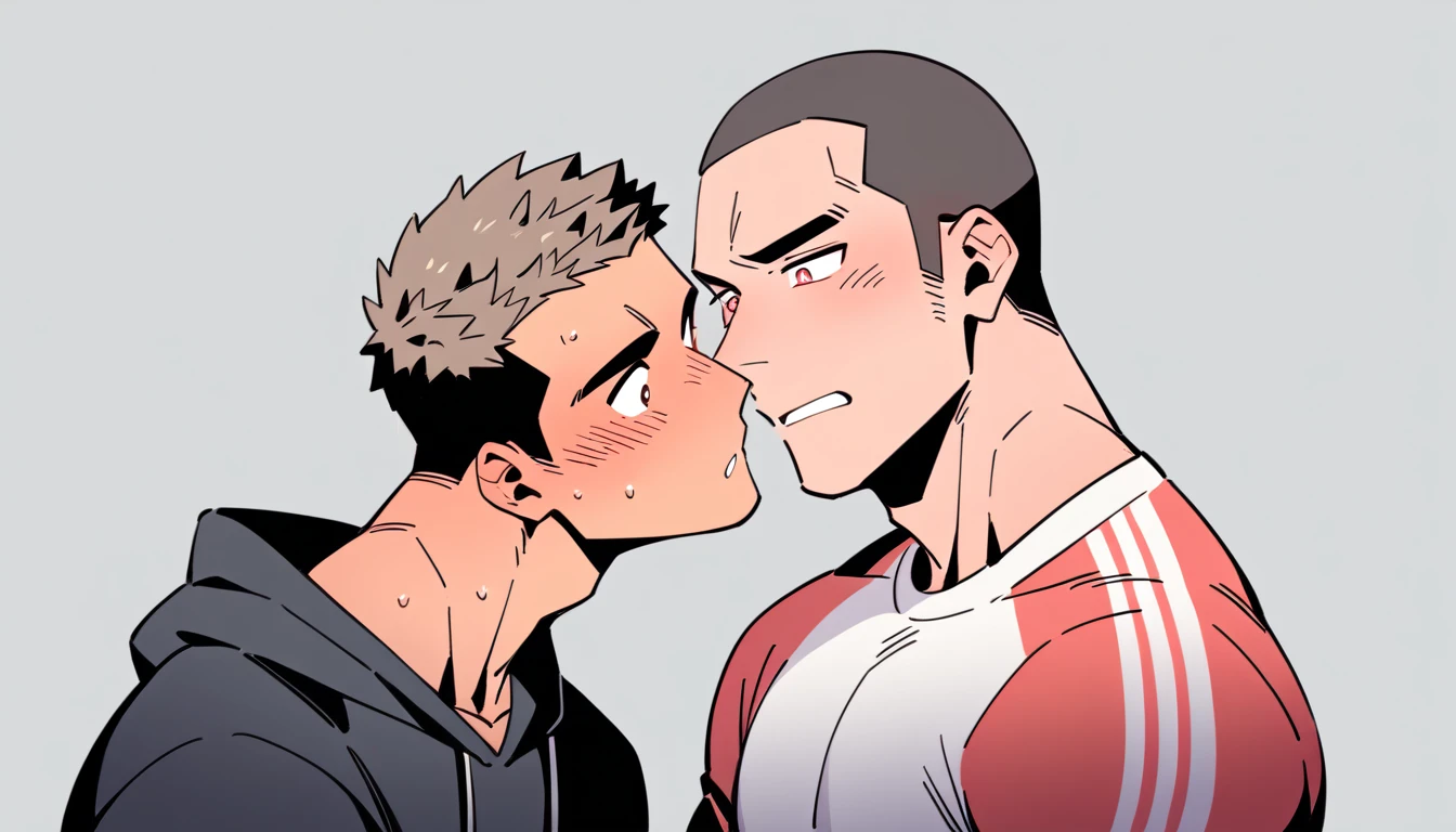 anime characters:Priapus and Dark-skinned muscular athlete, They hugged each other, kiss, Buzz Cut, Manliness, male focus, Sports tight hooded sweatshirt, Very tight, full and perky chest muscles, muscular male, muscular, only, Upper body, alone, Red short hair, Thick eyebrows, stubble, Brown-red pupils, White background, simple background, amazing quality, best aesthetics, Ridiculous, crew cut, parted lips, flustered, endured face, shy, blush, negative space, negative space, best quality