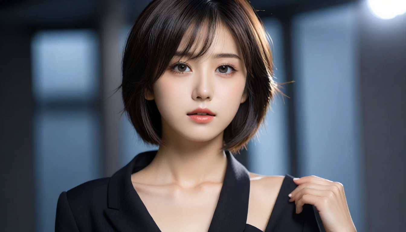 8k, Ultra-high resolution, Highest quality, masterpiece, 三分割法によるphotograph,Surreal, photograph, 1 Girl, (16 years old:1.3), pretty girl, Cute Face, Beautiful eyes in every detail, 細かくdetailedに,masterpiece,One Girl:1.2, Japan Female Announcer,upper body,from below,sad,streaming tears,Black short hair,Messy hair,(black suit:1.3),mourning clothes,(印象派の美しい少女のPortraiture), (Gray background:1.3),(Impressionist light and colour),Realistic Skin, Perfect and beautiful face ,完璧でCute Face, Skin with attention to detail, Perfect limbs、Narrow waist,Looking at the audience、beauty,Long neck,clavicle,(((Ideal body type))),A cup small breasts :2,Portraiture:2,Perfect Anatomy,鮮明なdetailed,detailed,Surreal,Light and shadow,underlighting