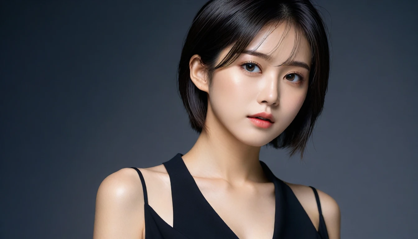8k, Ultra-high resolution, Highest quality, masterpiece, 三分割法によるphotograph,Surreal, photograph, 1 Girl, (16 years old:1.3), pretty girl, Cute Face, Beautiful eyes in every detail, 細かくdetailedに,masterpiece,One Girl:1.2, Japan Female Announcer,upper body,from below,sad,streaming tears,Black short hair,Messy hair,(black suit:1.3),mourning clothes,(印象派の美しい少女のPortraiture), (Gray background:1.3),(Impressionist light and colour),Realistic Skin, Perfect and beautiful face ,完璧でCute Face, Skin with attention to detail, Perfect limbs、Narrow waist,Looking at the audience、beauty,Long neck,clavicle,(((Ideal body type))),A cup small breasts :2,Portraiture:2,Perfect Anatomy,鮮明なdetailed,detailed,Surreal,Light and shadow,underlighting