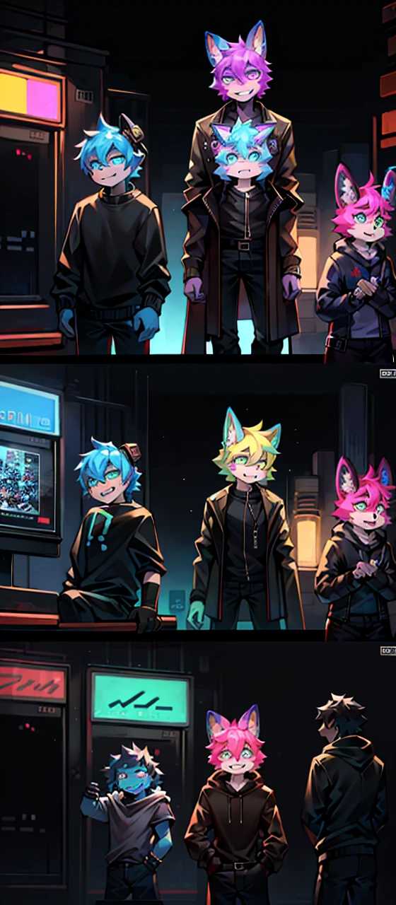 Discord Gang PFP, Modern, Stylized, Vibrant colors, Cartoonish, Grunge texture, Bold font, Gaming theme, Avatar image, Group portrait, Hoodied figures, Sitting or standing, Hand gestures, Meme references, Detailed background, (Anime-inspired: 1.2), Casual clothing, (Headphones on: 1.1), Members with diverse expressions, Overlapping design, Unique character designs, Glowing elements. (High resolution: 1.5), (Social media: 1.0)