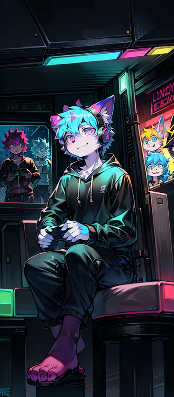 Discord Gang PFP, Modern, Stylized, Vibrant colors, Cartoonish, Grunge texture, Bold font, Gaming theme, Avatar image, Group portrait, Hoodied figures, Sitting or standing, Hand gestures, Meme references, Detailed background, (Anime-inspired: 1.2), Casual clothing, (Headphones on: 1.1), Members with diverse expressions, Overlapping design, Unique character designs, Glowing elements. (High resolution: 1.5), (Social media: 1.0)