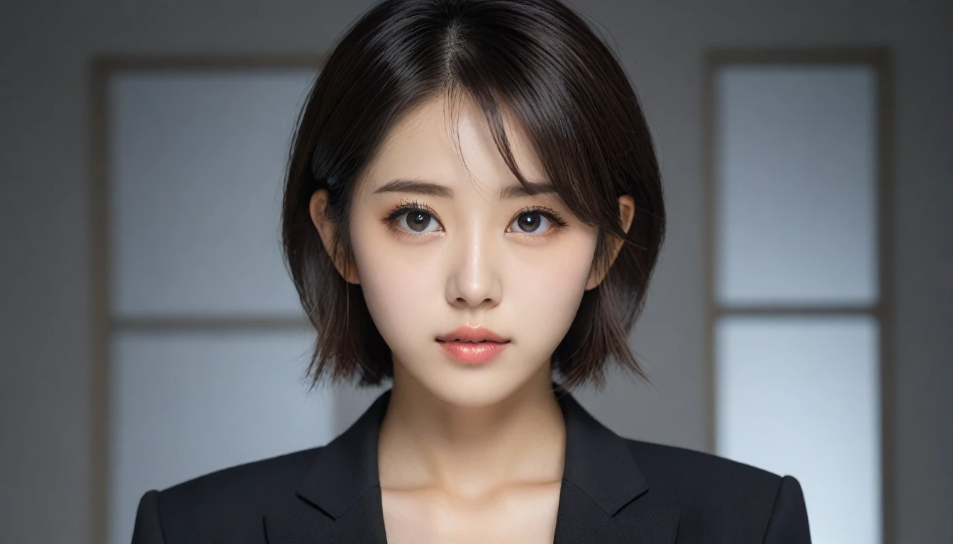 8k, Ultra-high resolution, Highest quality, masterpiece, 三分割法によるphotograph,Surreal, photograph, 1 Girl, (:1.3), pretty girl, Cute Face, Beautiful eyes in every detail, 細かくdetailedに,masterpiece,One Girl:1.2, Japan Female Announcer,upper body,from below,sad,streaming tears,Black short hair,Messy hair,(black suit:1.3),mourning clothes,(印象派の美しい少女のPortraiture), (Gray background:1.3),(Impressionist light and colour),Realistic Skin, Perfect and beautiful face ,完璧でCute Face, Skin with attention to detail, Perfect limbs、Narrow waist,Looking at the audience、beauty,Long neck,clavicle,(((Ideal body type))),A cup small breasts :2,Portraiture:2,Perfect Anatomy,鮮明なdetailed,detailed,Surreal,Light and shadow,underlighting