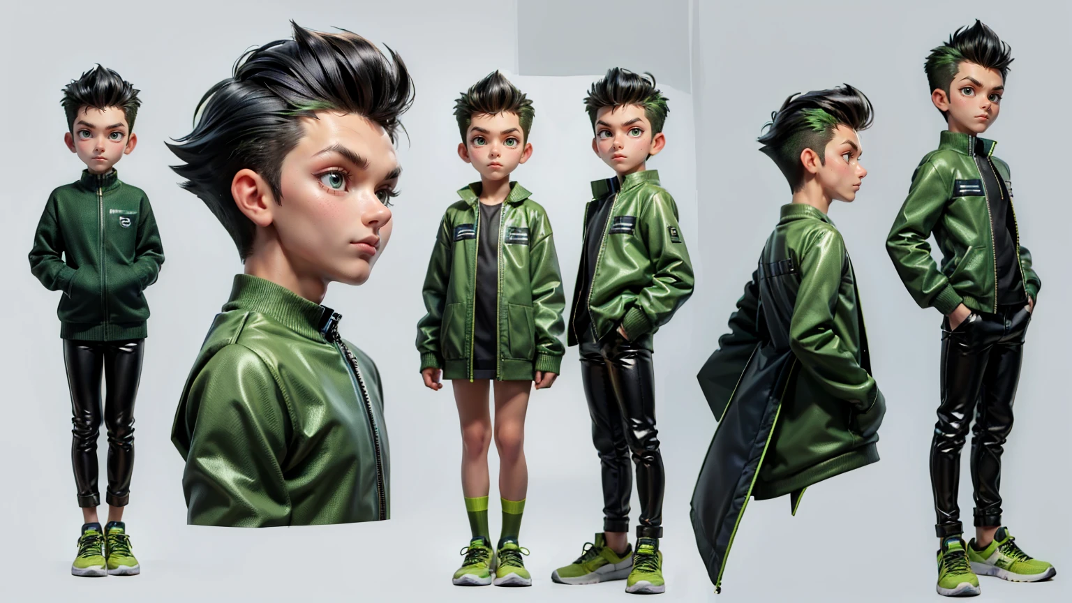 cute face boy, cute face, short height boy, wearing casual futuristic green color pent, green dress, full standing pose, Quiff hairs, Quiff hairs style , sports shoes, Character Sheet, 12 yo student, Full body, Simple white background, front pose character reference sheet, Concept art, design sheet
