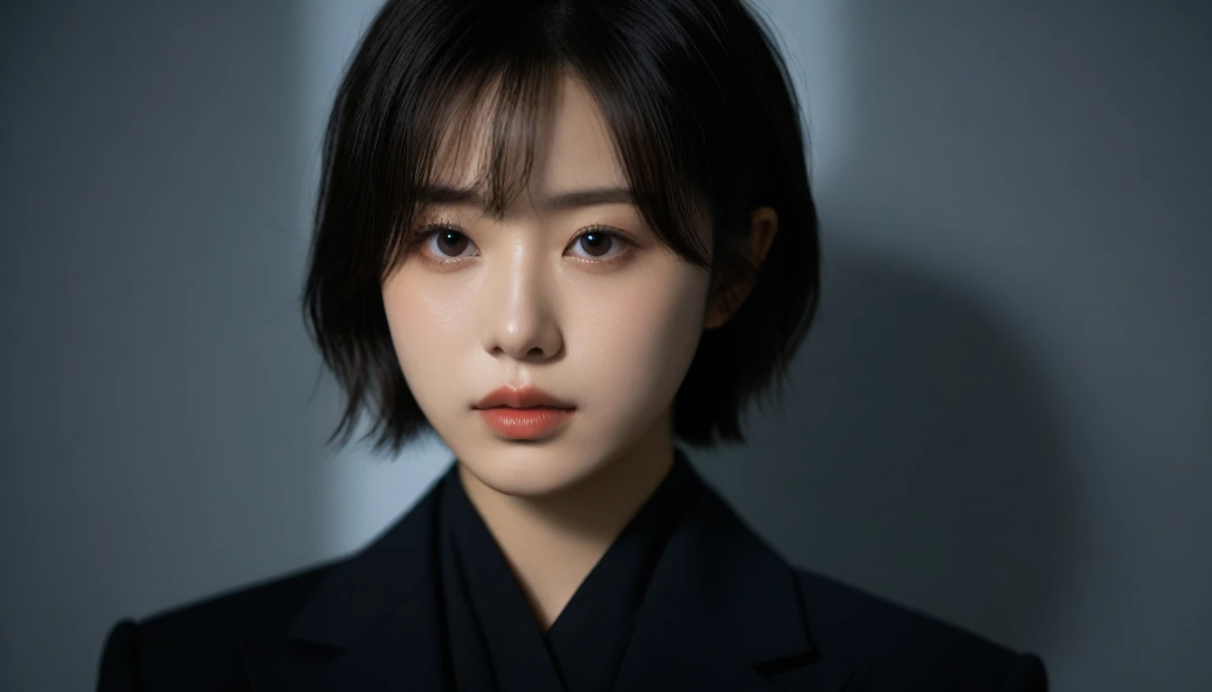 8k, Ultra-high resolution, Highest quality, masterpiece, 三分割法によるphotograph,Surreal, photograph, 1 Girl, (16 years old:1.3), pretty girl, Cute Face, Beautiful eyes in every detail, 細かくdetailedに,masterpiece,One Girl:1.2, Japan Female Announcer,upper body,from below,sad,streaming tears,Black short hair,Messy hair,(black suit:1.3),mourning clothes,(印象派の美しい少女のPortraiture), (Gray background:1.3),(Impressionist light and colour),Realistic Skin, Perfect and beautiful face ,完璧でCute Face, Skin with attention to detail, Perfect limbs、Narrow waist,Looking at the audience、beauty,Long neck,clavicle,(((Ideal body type))),A cup small breasts :2,Portraiture:2,Perfect Anatomy,鮮明なdetailed,detailed,Surreal,Light and shadow,underlighting