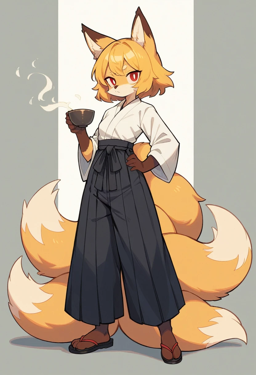 (full body,The left hand is on the hip),((The right hand is hidden behind)),small breasts,Fox woman, Furry, Golden fur, Golden facial fur, long golden hair, The hair on his hands is golden, Golden yellow hair on the back of the hand, Light-filled eyes, Red eyes, Brown elements of fur,Black Hakama,Very fine fur, Fluffy tail,Nine tails A cup