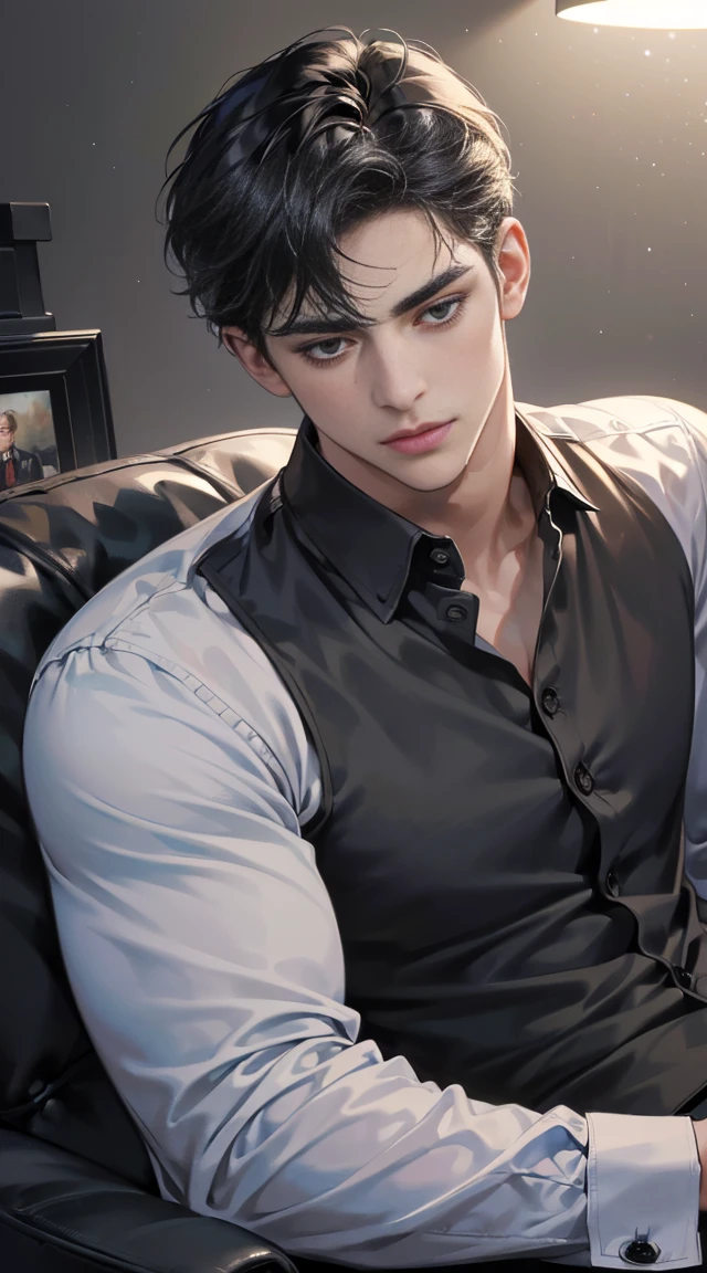 (Highest quality, masterpiece, 8,000 people, Realistic, Cinema Lighting, 1:4 HDR images, Very detailed, Beautiful photos of men, very handsome, ((Cold look)), Black short hair, black eye, A perfect face without a doubt, ((button up one's jacket, chief executive officer)), Man with a gun