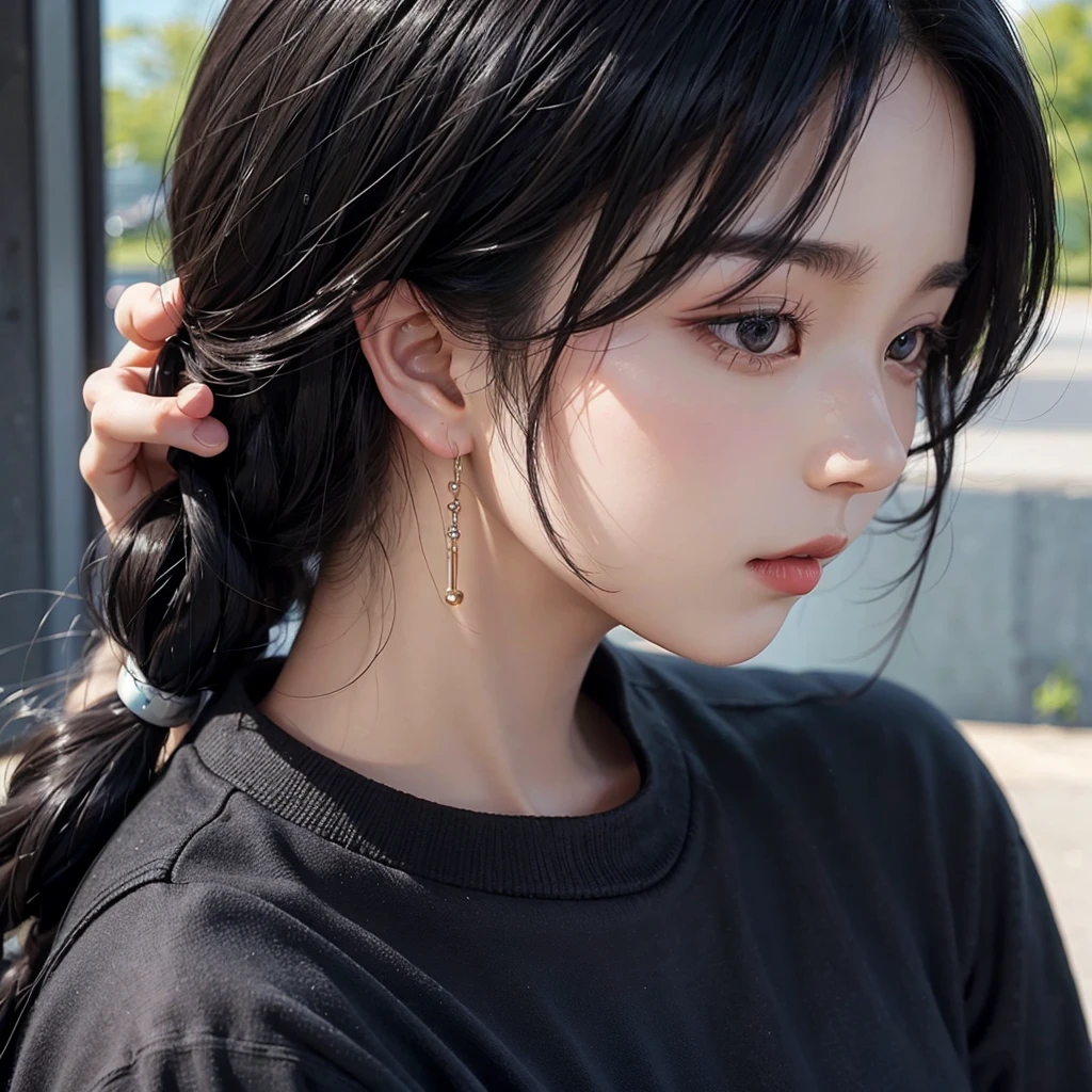 Korean Idol、k-pop、One man、Black Hair Fantastic、Icon simple clothes、Colorful、profile、focus face、shade、